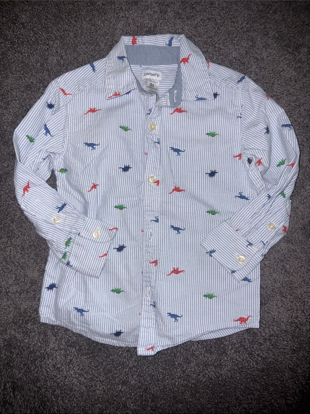 Carter's White Pinstripe Button-Up Shirt with Red, Blue & Green Dino Prints